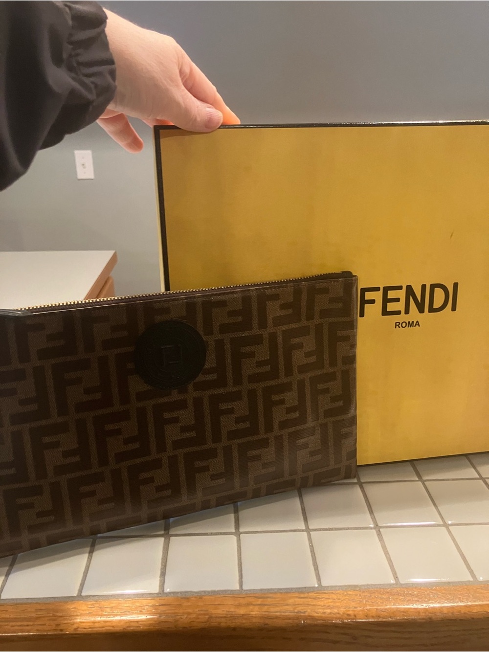 Fendi Brown Monogram Zip Pouch with Embossed Medallion - Picture 2 of 7